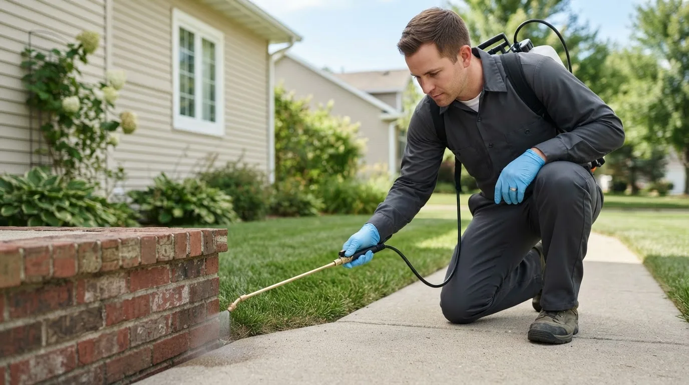 Pest control technician treating a home near Stanley, IA