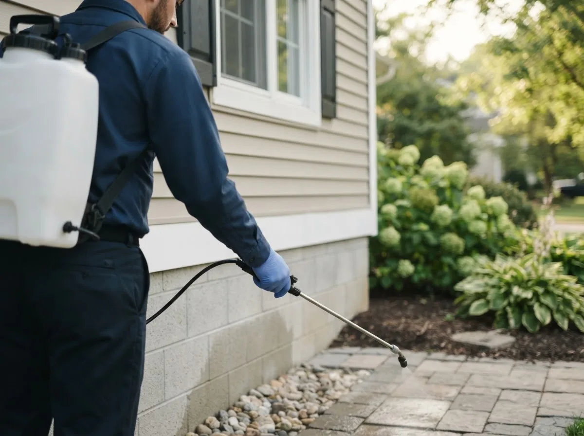 Pest control technician inspecting a home in Stanley, IA